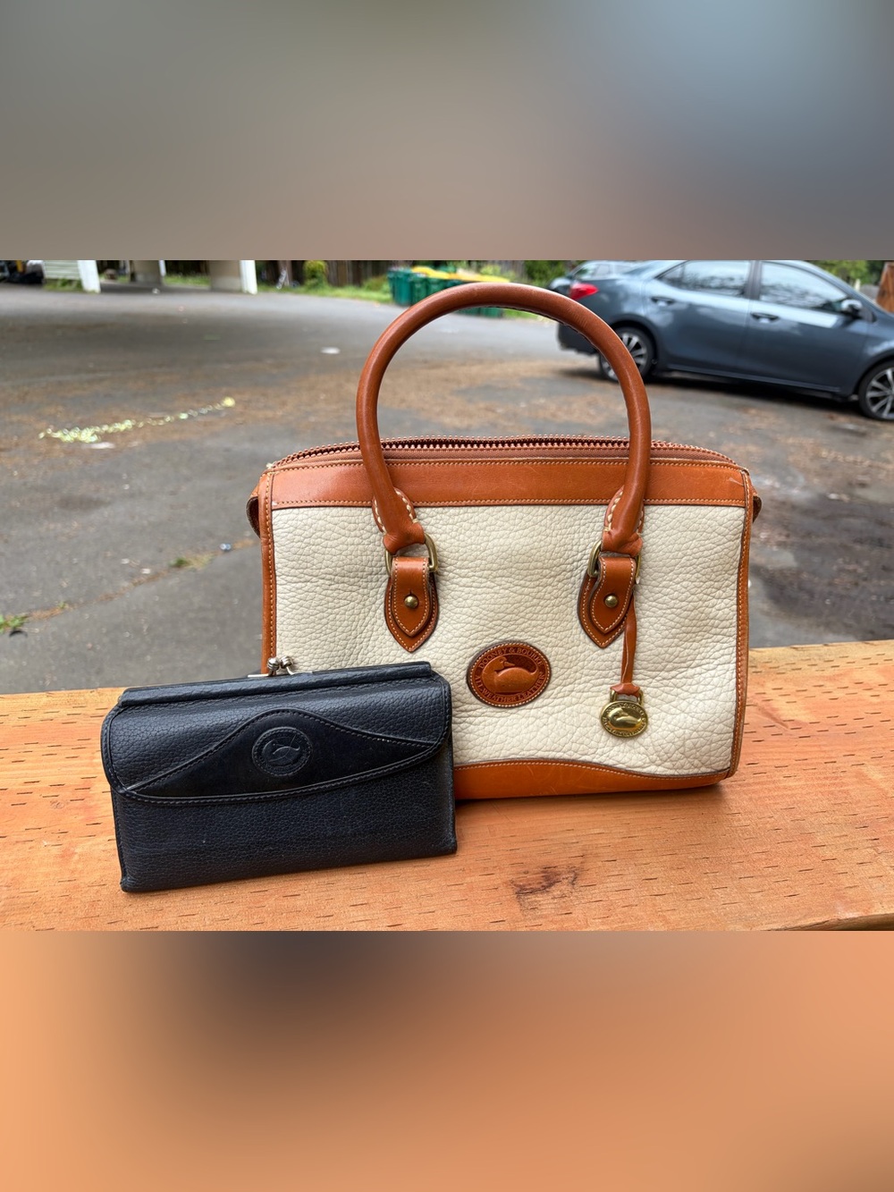 Dooney & Bourke Cream and Tan Pebbled Leather Satchel with Black Wallet